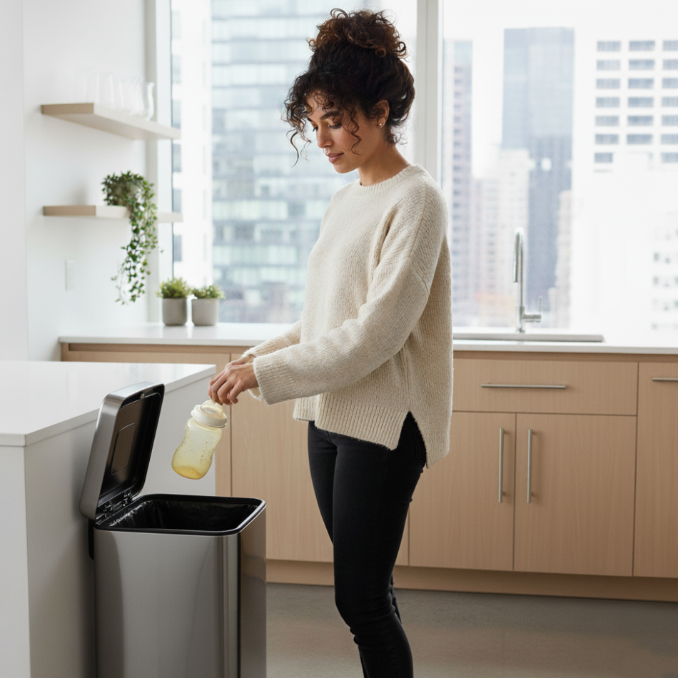Woman in a kitchen disposing of a bottle into a trash can.